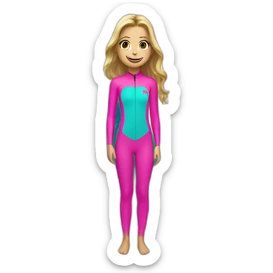 Girl with tattooed hands wearing a bright pink wetsuit surfing big wave next to palm tree sticker