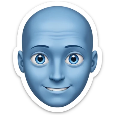 a character with blue skin and a huge forehead - twice the size of the face, the shape of the head is like a rounded inverted triangle. He has a smooth bald head. a sly, intelligent smile. Close-up. Blue eyes sticker