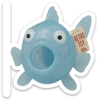 Add a retro toy tag on the fin. Make the body see-through, semi-transparent plastic with a blue tint. Eyes going opposite ways, looking straight at the camera. No background. Hyper-detailed, soft plastic 90's toy look, soft reflections, soft and squishy, some cloudiness, not shiny, highly detailed, appealing. Style: soft plastic 90's toy look. sticker