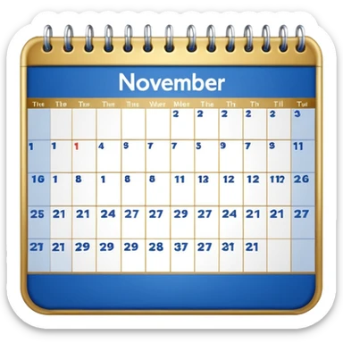 generate a calender page with november 22 written on it, an ios styled icon , background free , blue and gold and white colors sticker