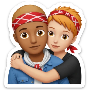 Two people hugging, brown guy with a buzzed cut and bandana, and a white woman with ginger hair sticker