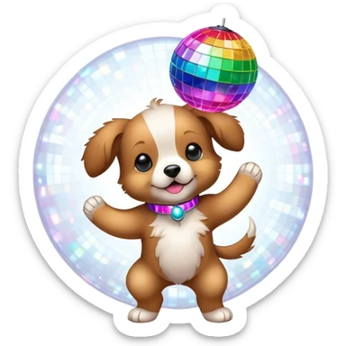 puppy dancing under a disco ball with colorful lights sticker