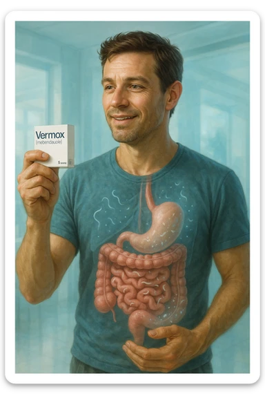 A realistic, cinematic illustration of a man in his late 30s holding a small white box of ‘Vermox’ (mebendazole) in one hand, with a relieved and hopeful expression on his face. Behind him, a semi-transparent overlay shows his digestive tract where small, symbolic worm-like parasites are dissolving and disappearing, indicating the medication’s effect. The environment is clean and bright, with a medical yet hopeful tone, conveying the concept of effective parasite removal. Subtle blue and green tones symbolize cleansing and health restoration, while the man appears energized and ready to reclaim his well-being sticker