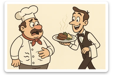 a chef with a rumbling stomach watching a waiter bring food, cartoon style, light background sticker