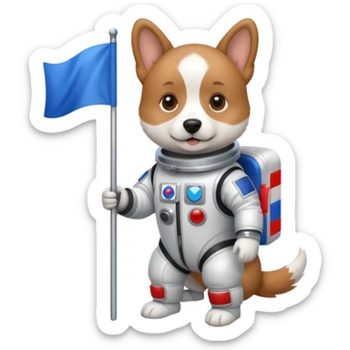a dog in space suit, holding blue rectangle flag sticker
