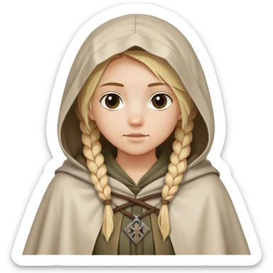girl with blond braids wearing a tunic and a cloak with a hood over her shoulders holding a white square of canvas, medieval age sticker
