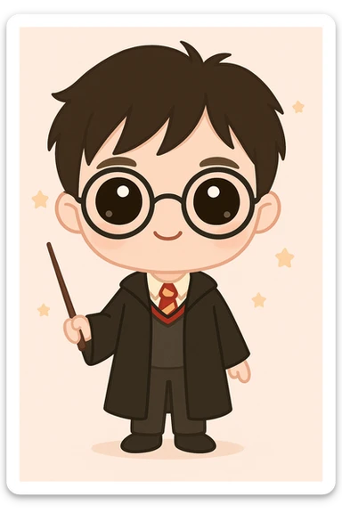 Complete the full body of the character Harry Potter in a cute cartoon style. Keep the Hogwarts uniform with a black robe, striped tie, black shoes, and holding a wand in hand. The style should be kawaii, colorful, and charming, emphasizing the magical and youthful essence of Harry Potter. sticker