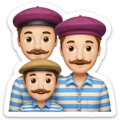 three French people together, classic emoji style, simple facial features, berets, striped shirts, mustaches, cheerful expressions sticker