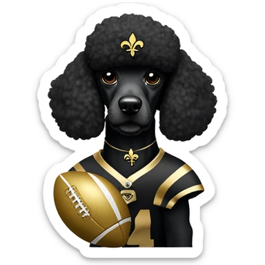 Black poodle wearing a gold football helmet with black stripe and gold fleur de lis emblem sticker