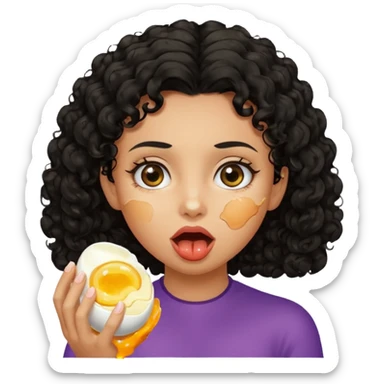 Girl with black curly hair eating boiling egg sticker