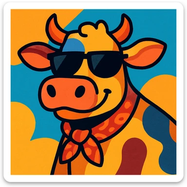 stylized cow with dark sunglasses and patterned neckerchief, looking relaxed, vibrant toon sticker