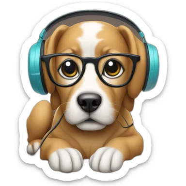 Dog with glasses and headphones and a computer in front of it sticker