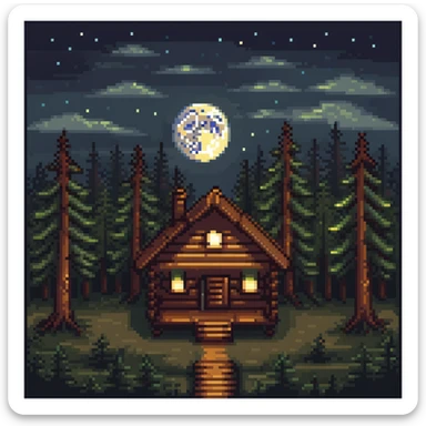 cozy wooden cabin in dark pine forest with moonlight sticker