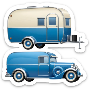 A 1934 hot rod caravan pulling a large matching trailer, blue and pearl  sticker