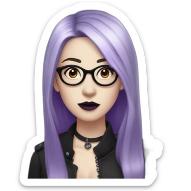 goth woman with long side parted purple hair and oval glasses, pale skin, sticking out tongue sticker