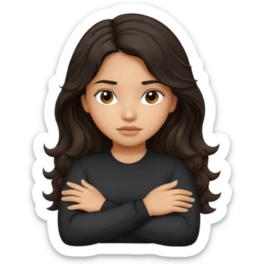 Hispanic girl dark long wavy hair crossing her arms with slight pout wearing a black long sleeve shirt sticker