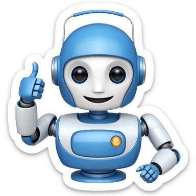 A blue and white robot smiling and winking with one eye, making a thumbs-up sign with one hand. sticker