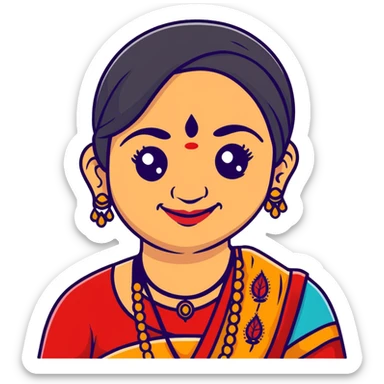 A cheerful Indian aunt (mausi) character with a plump face, smiling, wearing traditional Indian clothing and a bindi sticker