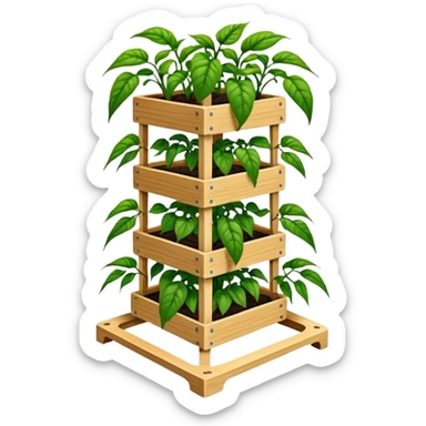 Very Large alien-futuristic multi-tier multi-level square-sided plant rack, which holds pepper plants, constructed from plywood sticker