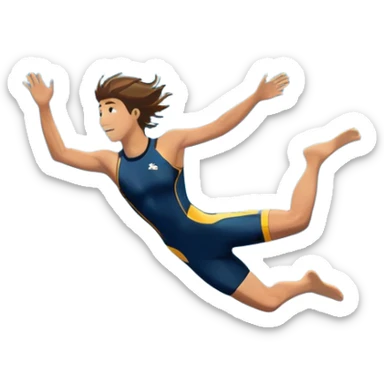 A diver mid-air, plunging from a high cliff into the sparkling ocean below. The background features rugged cliffs, clear blue water, and a bright sky, emphasizing the excitement and danger of the sport with a sense of freedom and adventure. sticker