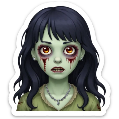 crie um kamoji estilo zumbi (feminina) com o cabelo comprido levemente ondulado e com franja preto, coloque alguns piercing  sticker