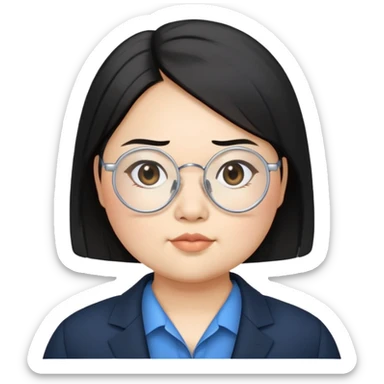 chubby asian waman wear thin siver circle glasses round eyebrow medium black hair wear black suit inside blue shirt  sticker
