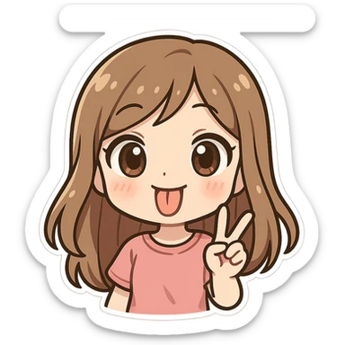 girly character sticking tongue out and showing peace hand sign, chibi style, big eyes, cheerful sticker