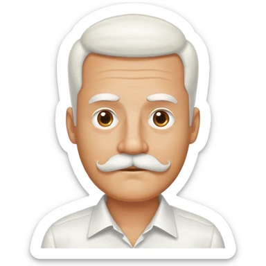 man with oval-shaped flat-top head, bushy white mustache, wearing a white shirt with three white buttons sticker