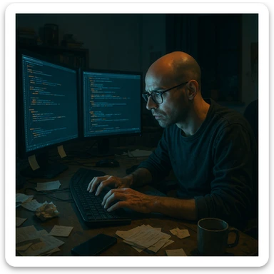 bald programmer with glasses, typing quickly in front of multiple monitors, nighttime home office environment, messy, with bluish light from monitors reflecting on face sticker