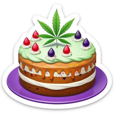 colorful frosted fruit cake with cannabis leaf on a plate sticker