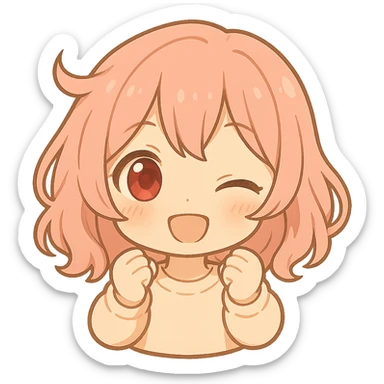 Give her a different hairstyle, keep pink hair and red eyes, chibi cartoon style, with no background. sticker