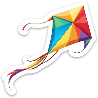 A colorful kite soaring high in the sky on a sunny day, with a long, flowing tail trailing behind. The background features an open field or beach, capturing the joy and freedom of flying kites, with gentle winds and a peaceful atmosphere. sticker