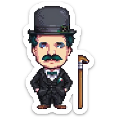 angry Charlie Chaplin, pixel art, small details, bowler hat, mustache, cane sticker