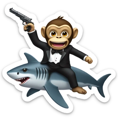 monkey riding a shark holding a gun wearing a tuxedo sticker