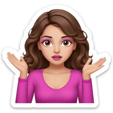 girl with long wavy brown hair, brown eyes, long lashes makeup, sexy pink lips, light to medium complexion, pink sexy top, two hands up, shrugging, confused sticker
