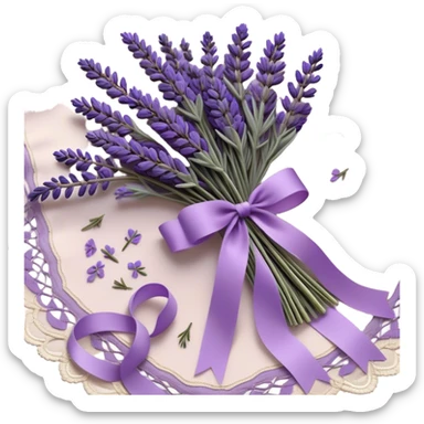 A delicate lavender bouquet, bound with a faded violet silk ribbon, rests atop an aged lace cloth, its soft petals releasing a gentle, calming fragrance. Wisps of dried lavender buds scatter across the table, their muted plum and lilac hues blending harmoniously with the intricate embroidery of the fabric.
 sticker