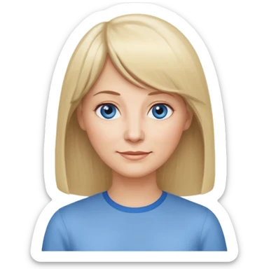 50 yr old white woman, center parted hair with bangs, very long straight blond hair, oval face, small smile, blue eyes, thin face, hair downback, hair parted at center of head, round cheeks, pale, longer hair, white shirt sticker