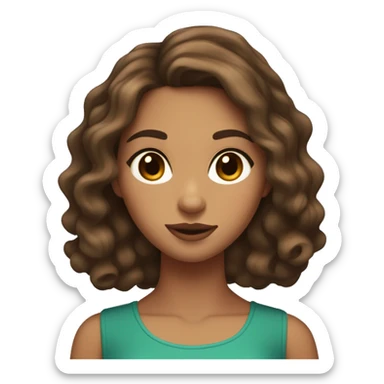 A brown hair girl with medium length wavy at ends hair who has tan skin and brown blackish eyes that look like a deer wit no freckles and a regular nose and eyebrows and with regular sized lips except the top lip is a little bigger sticker