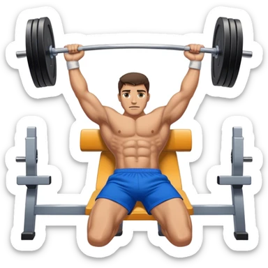 brunette buff man with blue shorts lying down benchpress sticker