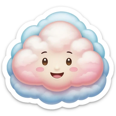 Cinematic round pastel cloud, soft puffy texture, gentle glowing edges, tiny happy face with blushing cheeks, floating in a dreamy sky, warm and magical. sticker