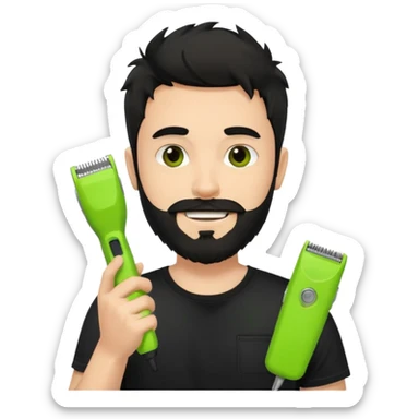 smiling young fair-skinned man with messy black hair and beard, wearing a black t-shirt, holding a single small true-to-size lime green face beard trimmer in one hand sticker