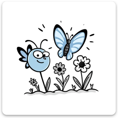 Blue butterfly with a cheerful smile flying around spring flowers and sunshine sticker