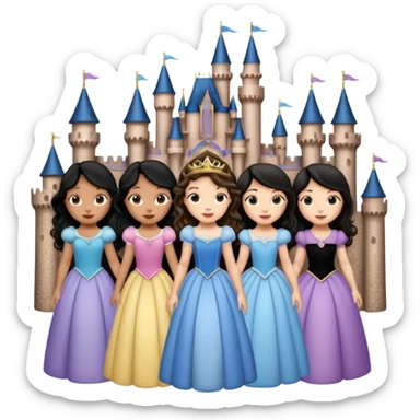 Quiero que crees una imagen donde este el castillo de Disney y por detrás o delante pon a quatro chicas: una con el pelo largo rizado marrón , otra con el pelo muy corto negro, otra con el pelo mediano liso marrón y otra con el pelo negro largo liso sticker