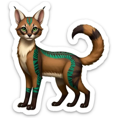 Colorful dark tropical dusky-hunter-green and dark-brownish glorious divine exotic cute cool beautiful shiny beautiful fantasy-caracal-civet-genet-sergal-vernid-Cacomistle-oncilla-animal-Fakémon-hybrid-fursona (full body) sticker