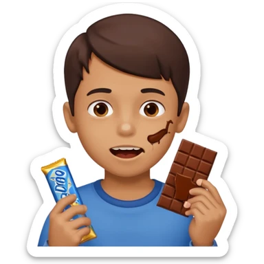A boy holding a chocolate bar with him chewing on the bite he took sticker