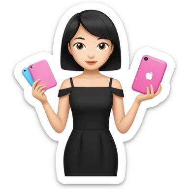 asian black short shoulder length hair tanned woman, black dress girly things sticker