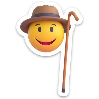 3D smiley emoji, round shape, grandfather wearing a hat and holding a walking cane, brown color, smiling face sticker