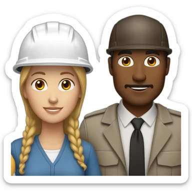 A white-helmeted couple of architects, featuring a white woman and a brown-skinned man sticker