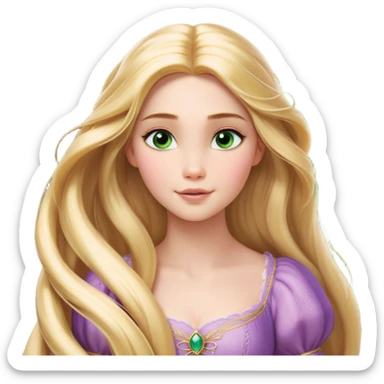Cinematic Realistic Rapunzel Portrait, with porcelain-like skin featuring a subtle, natural glow, illuminated by soft lighting that brings out the gentle contours of her face. Her long, golden blonde hair cascades in detailed waves, each strand highlighted with a radiant shimmer as it catches the light. Her bright, expressive green eyes exude curiosity and warmth, framed by delicate lashes and soft, arched brows. Her expression is playful and vibrant, with a gentle smile. She is dressed in her classic lavender and pink gown, the fabric textured with delicate folds that flow naturally, catching the light with a soft, radiant glow. The portrait captures a luminous, enchanting aura, seamlessly blending realism with a whimsical, fairytale charm, evoking a timeless sense of beauty and magic. sticker