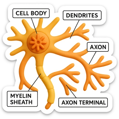 Add clear callouts and labels to the main structures of the nerve cell, including the myelin sheath, neuroprotective elements, and other key anatomical parts, in a 3D emoji style. The image should have no background and the labels should be clear and easy to read. sticker